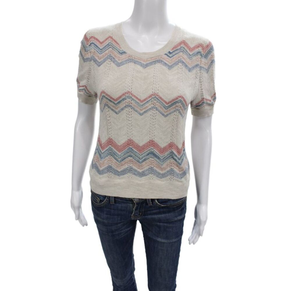 Moth Women Pullover Short Sleeve Scoop Neck Chevron Geometric Beige Size S